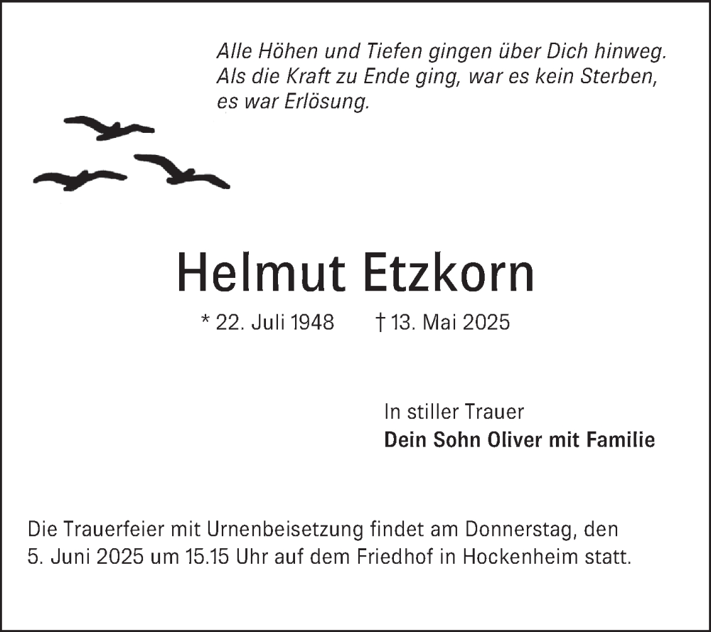  Traueranzeige für Helmut Etzkorn vom 24.05.2025 aus Schwetzinger Zeitung