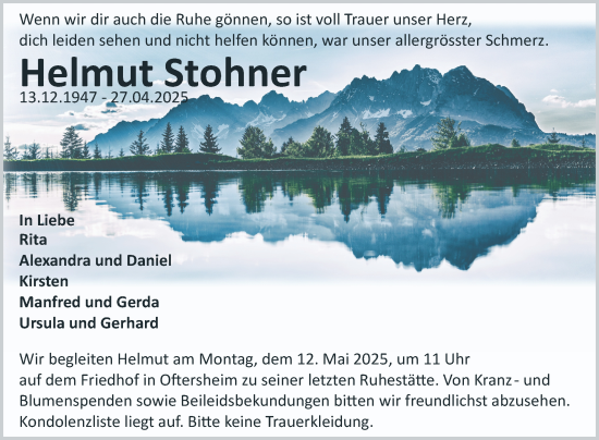 Traueranzeige von Helmut Stohner von Schwetzinger Zeitung