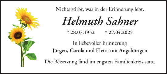 Traueranzeige von Helmuth Sahner von Mannheimer Morgen