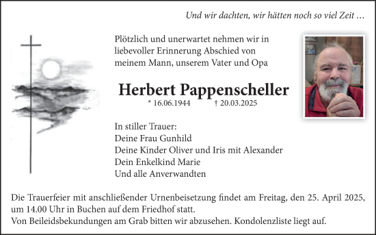 Traueranzeige von Herbert Pappenscheller von Fränkische Nachrichten