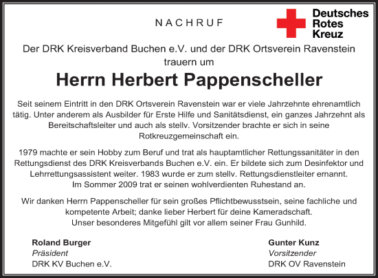 Traueranzeige von Herbert Pappenscheller von Fränkische Nachrichten