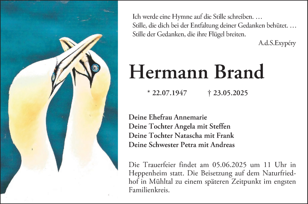  Traueranzeige für Hermann Brand vom 31.05.2025 aus Bergsträßer Anzeiger