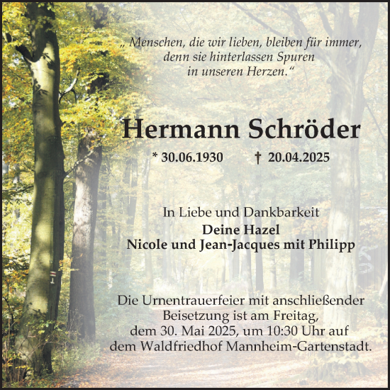 Traueranzeige von Hermann Schröder von Mannheimer Morgen