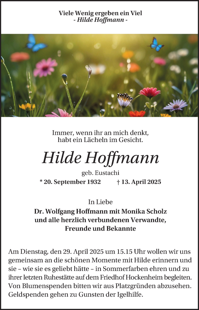  Traueranzeige für Hilde Hoffmann vom 19.04.2025 aus Schwetzinger Zeitung
