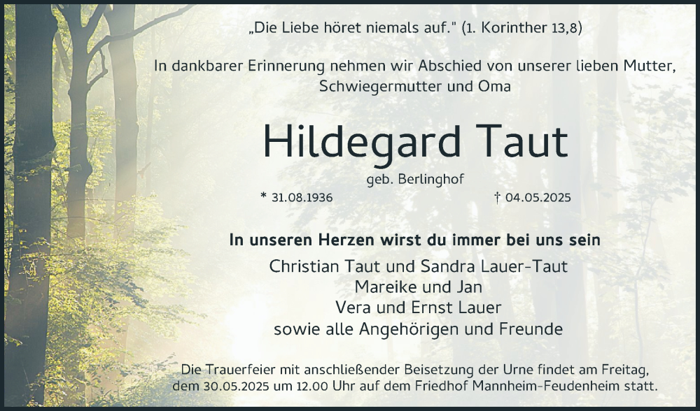 Traueranzeige für Hildegard Taut vom 17.05.2025 aus Mannheimer Morgen