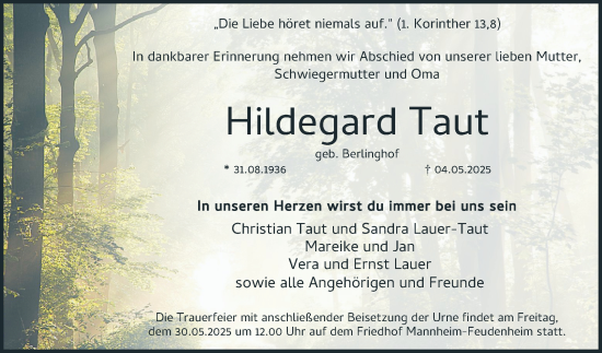 Traueranzeige von Hildegard Taut von Mannheimer Morgen