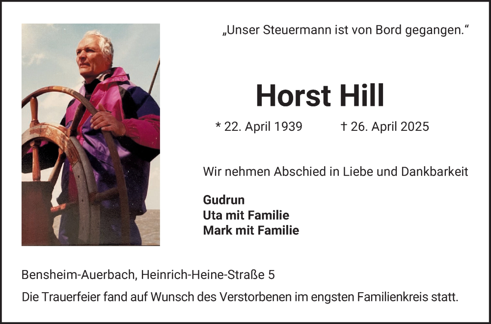  Traueranzeige für Horst Hill vom 24.05.2025 aus Bergsträßer Anzeiger