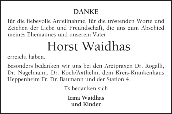 Traueranzeige von Horst Waidhas von Bergsträßer Anzeiger