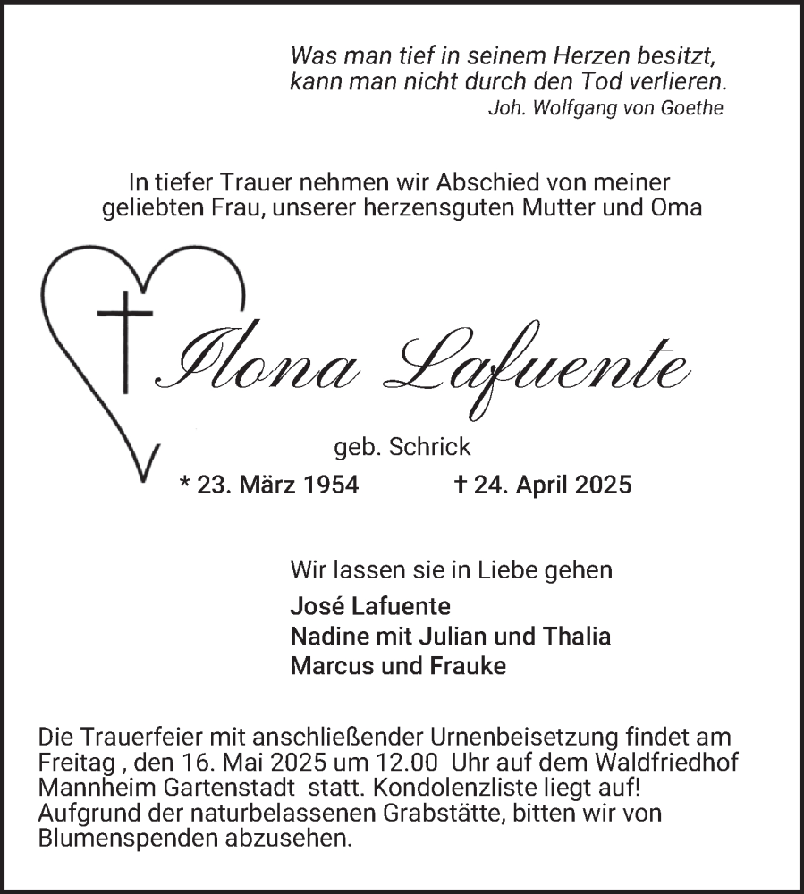  Traueranzeige für Ilona Lafuente vom 10.05.2025 aus Mannheimer Morgen