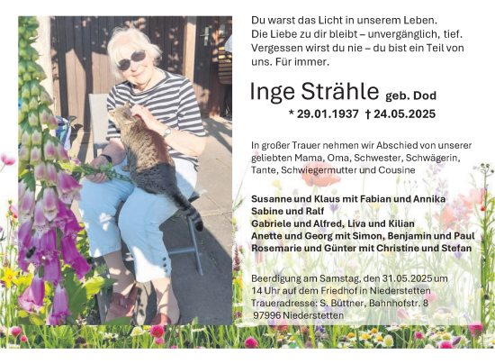 Traueranzeige von Inge Strähle von Fränkische Nachrichten