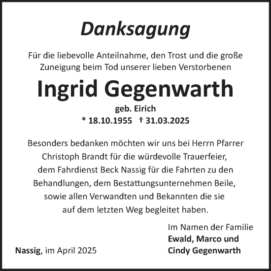Traueranzeige von Ingrid Gegenwarth von Fränkische Nachrichten