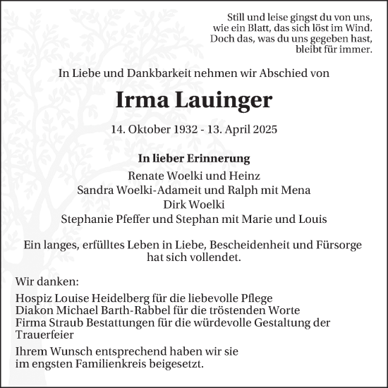 Traueranzeige von Irma Lauinger von Schwetzinger Zeitung