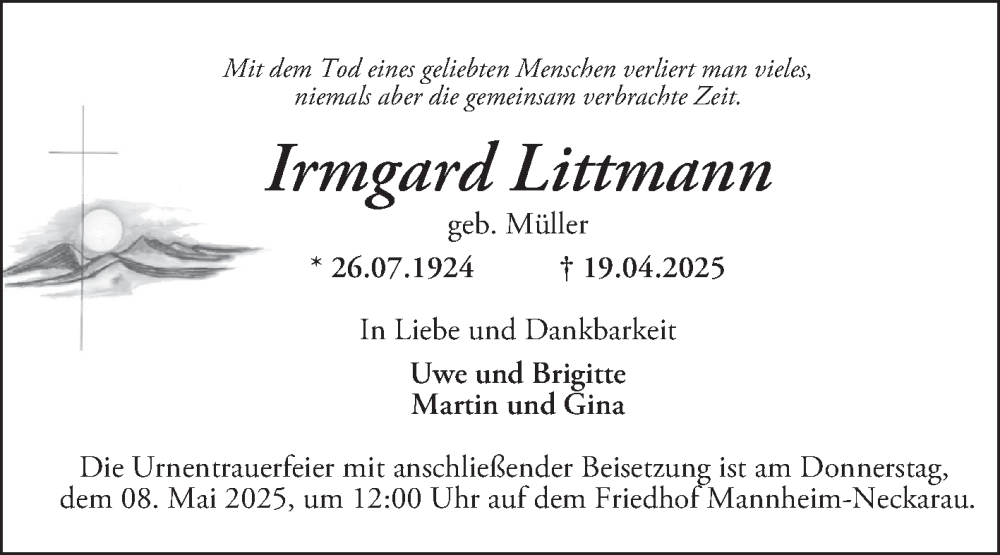  Traueranzeige für Irmgard Littmann vom 03.05.2025 aus Mannheimer Morgen