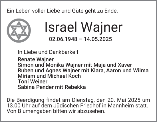 Traueranzeige von Israel Wajner von Mannheimer Morgen