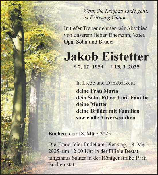 Traueranzeige von Jakob Eistetter von Fränkische Nachrichten