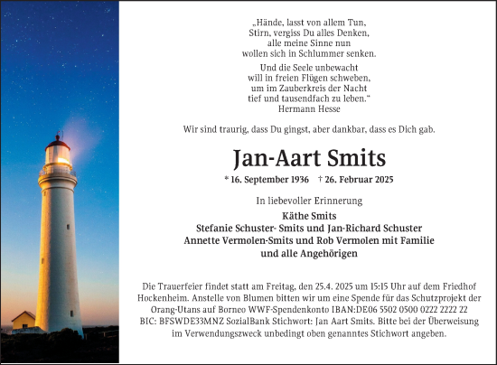 Traueranzeige von Jan-Aart Smits von Schwetzinger Zeitung