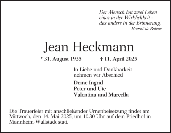 Traueranzeige von Jean Heckmann von Mannheimer Morgen