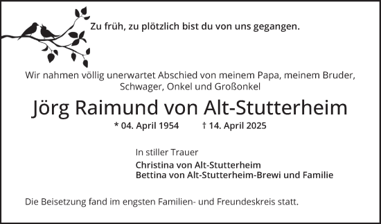 Traueranzeige von Jörg Raimund von Alt-Stutterheim von Mannheimer Morgen