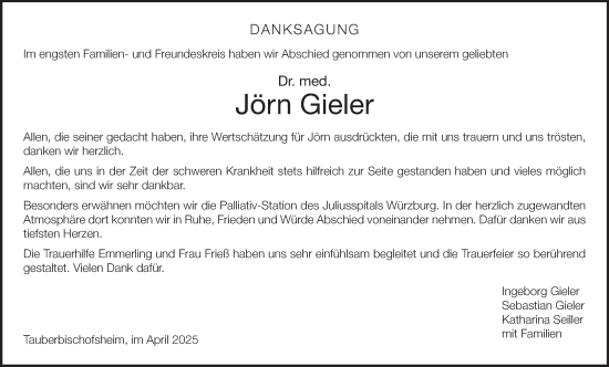Traueranzeige von Jörn Gieler von Fränkische Nachrichten