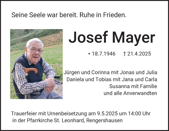 Traueranzeige von Josef Mayer von Fränkische Nachrichten