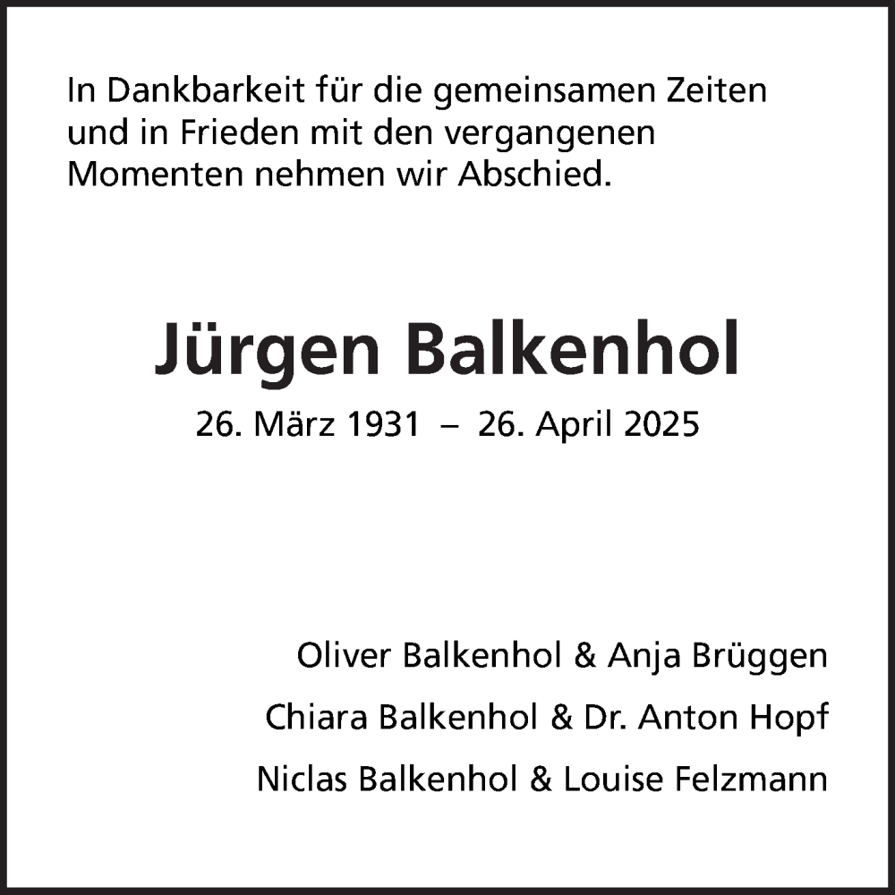  Traueranzeige für Jürgen Balkenhol vom 03.05.2025 aus Fränkische Nachrichten