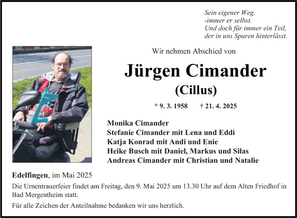  Traueranzeige für Jürgen Cimander vom 02.05.2025 aus Fränkische Nachrichten