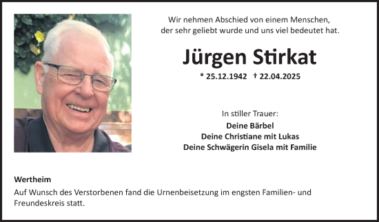 Traueranzeige von Jürgen Stirkat von Fränkische Nachrichten