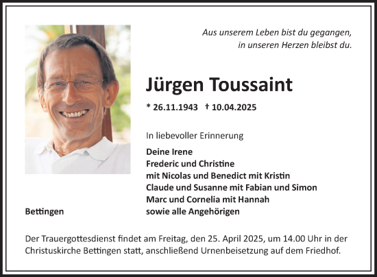 Traueranzeige von Jürgen Toussaint von Fränkische Nachrichten