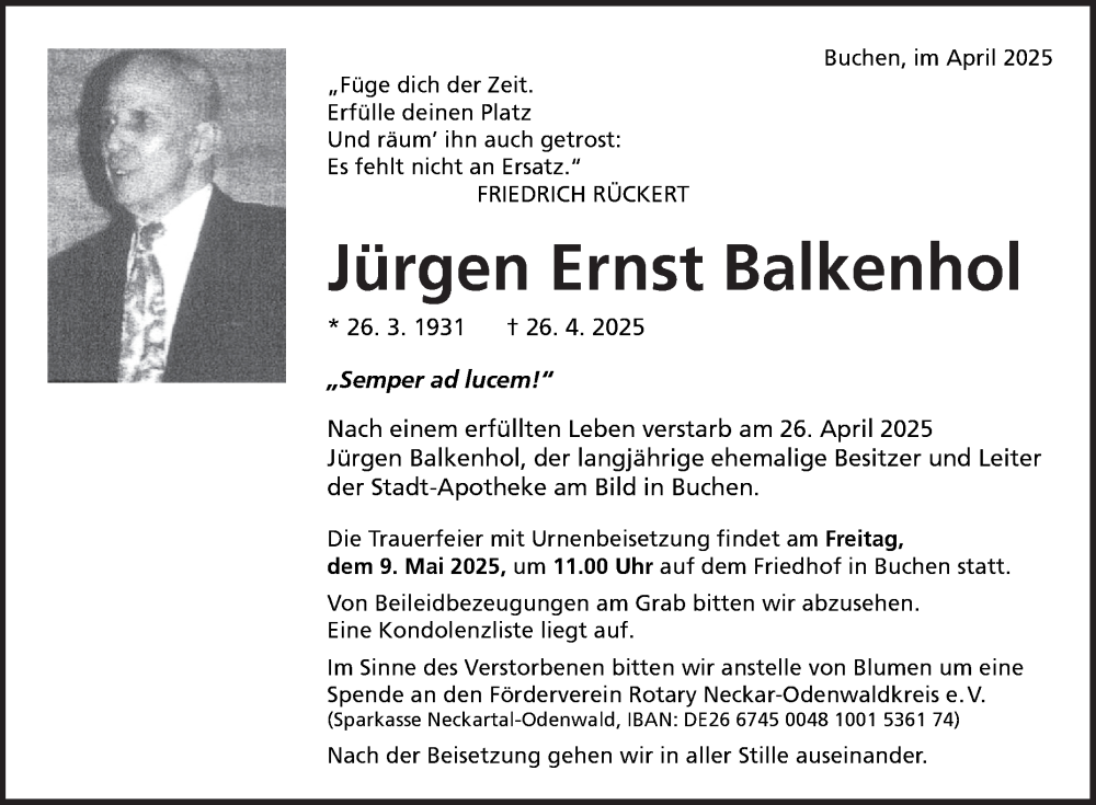  Traueranzeige für Jürgen Ernst Balkenhol vom 03.05.2025 aus Fränkische Nachrichten