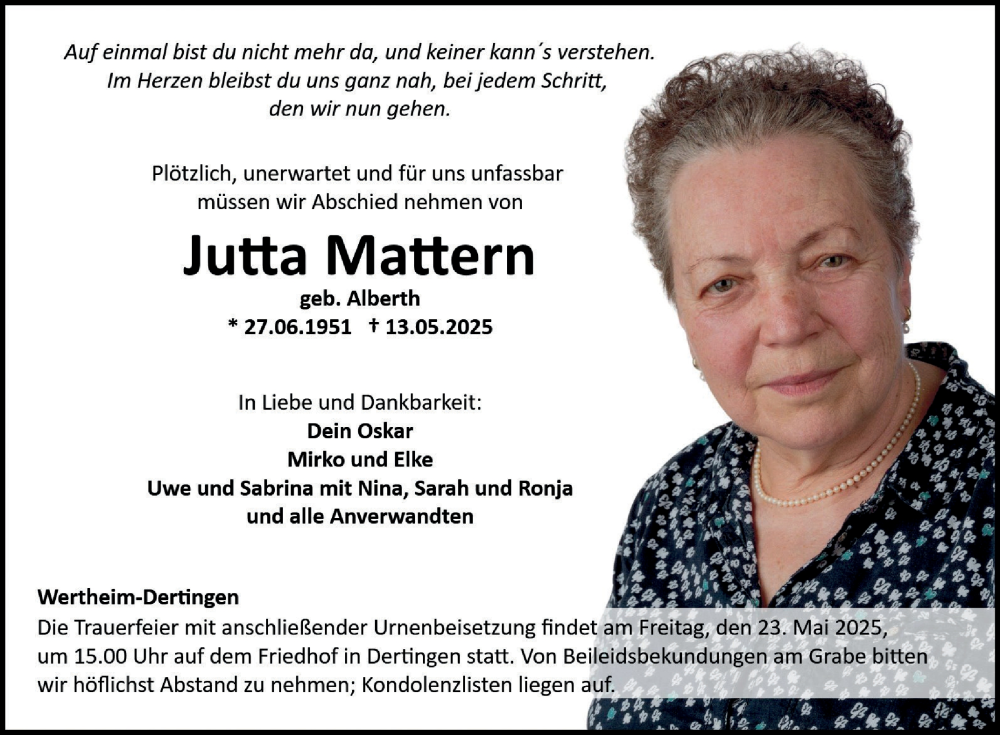  Traueranzeige für Jutta Mattern vom 17.05.2025 aus Fränkische Nachrichten