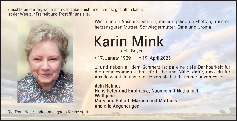  Traueranzeige für Karin Mink vom 17.05.2025 aus Bergsträßer Anzeiger