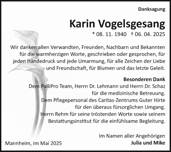 Traueranzeige von Karin Vogelsgesang von Mannheimer Morgen