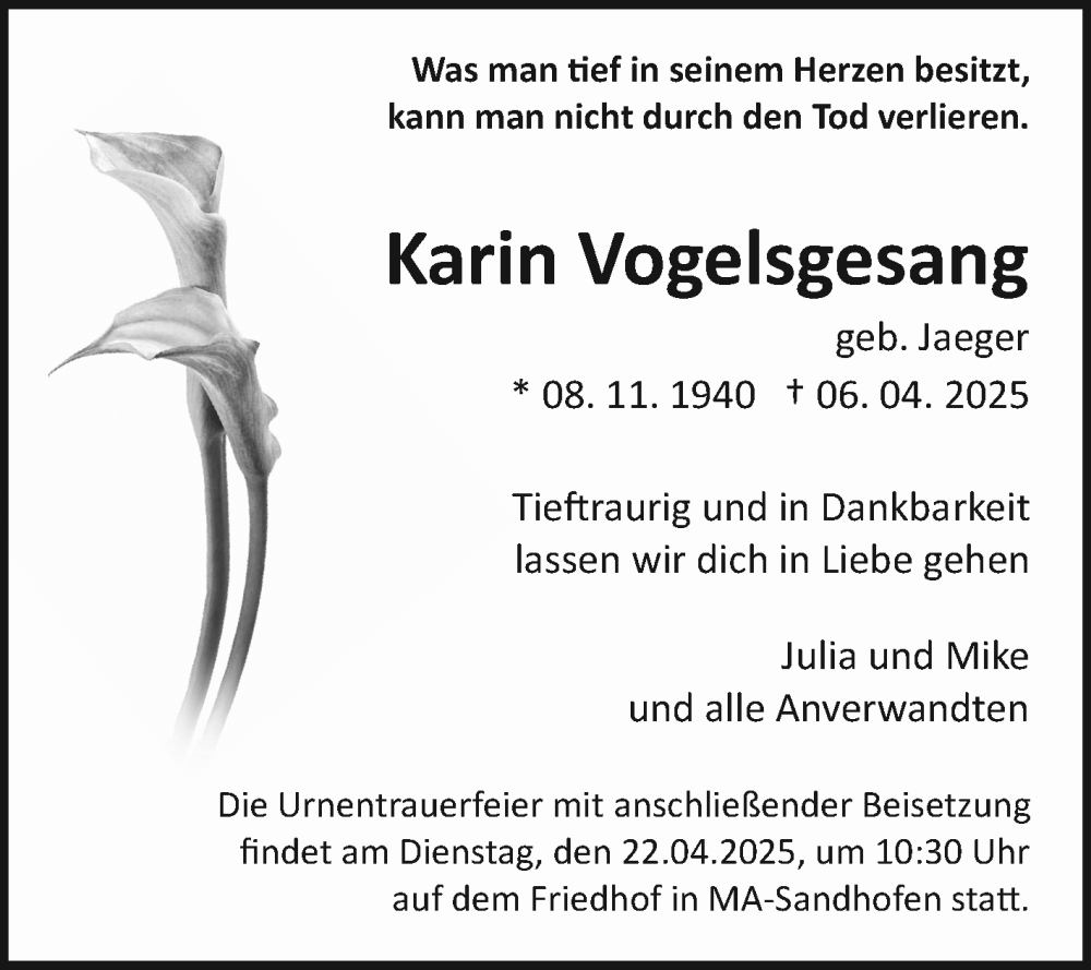  Traueranzeige für Karin Vogelsgesang vom 19.04.2025 aus Mannheimer Morgen
