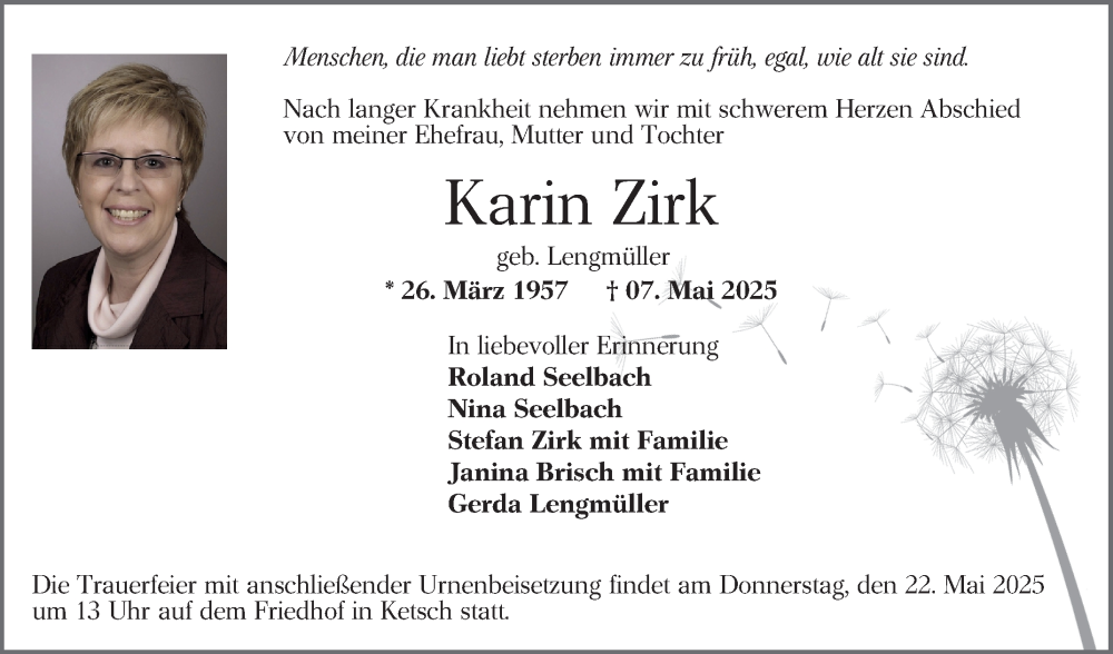  Traueranzeige für Karin Zirk vom 17.05.2025 aus Schwetzinger Zeitung