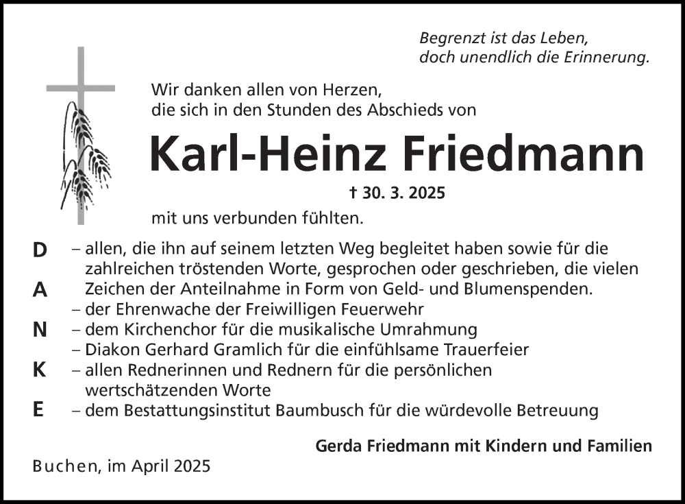  Traueranzeige für Karl-Heinz Friedmann vom 19.04.2025 aus Fränkische Nachrichten