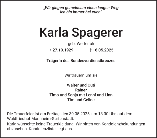 Traueranzeige von Karla Spagerer von Mannheimer Morgen