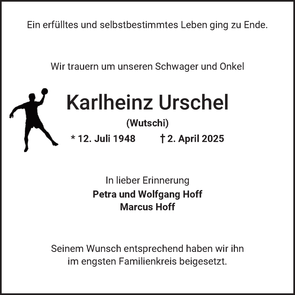  Traueranzeige für Karlheinz Urschel vom 03.05.2025 aus Schwetzinger Zeitung