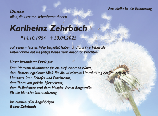 Traueranzeige von Karlheinz Zehrbach von Bergsträßer Anzeiger