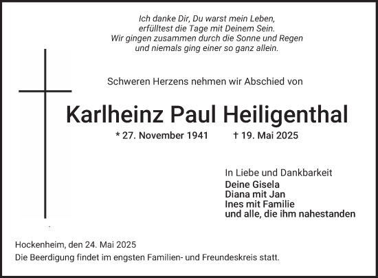 Traueranzeige von Karlheinz Paul Heiligenthal von Schwetzinger Zeitung