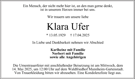 Traueranzeige von Klara Ufer von Mannheimer Morgen