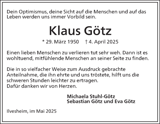 Traueranzeige von Klaus Götz von Mannheimer Morgen