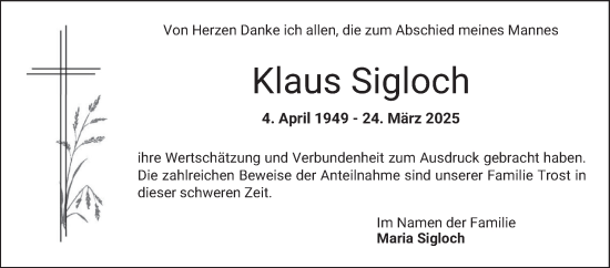 Traueranzeige von Klaus Sigloch von Bergsträßer Anzeiger
