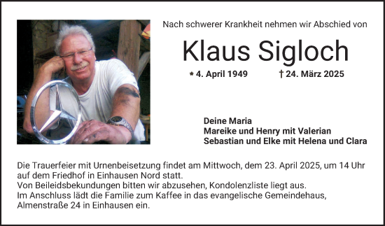 Traueranzeige von Klaus Sigloch von Bergsträßer Anzeiger