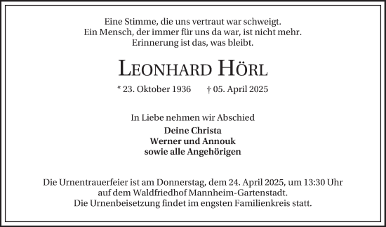 Traueranzeige von Leonhard Hörl von Mannheimer Morgen