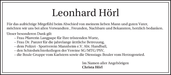 Traueranzeige von Leonhard Hörl von Mannheimer Morgen