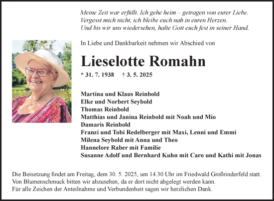 Traueranzeige von Lieselotte Romahn von Fränkische Nachrichten