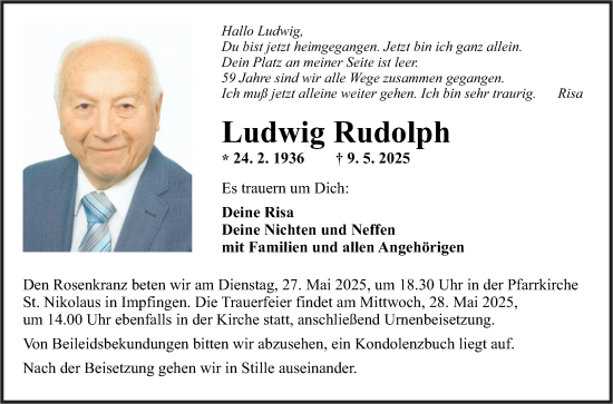 Traueranzeige von Ludwig Rudolph von Fränkische Nachrichten