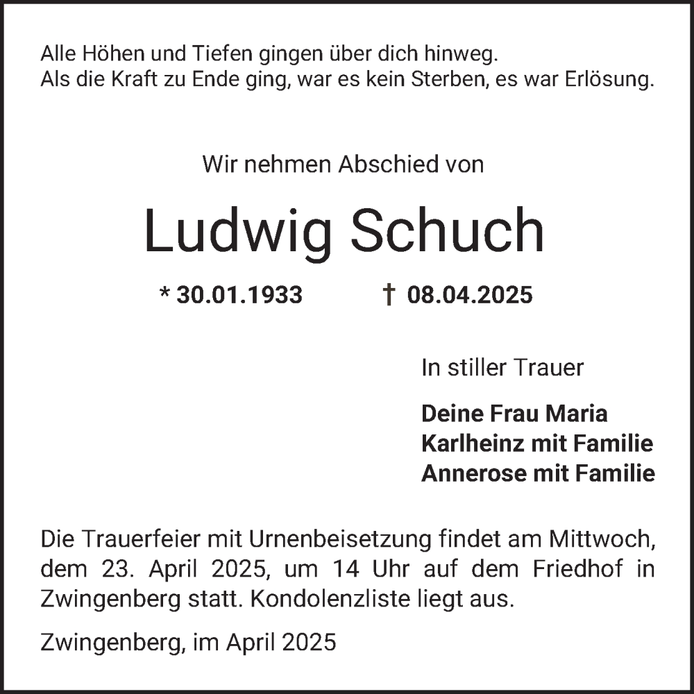  Traueranzeige für Ludwig Schuch vom 19.04.2025 aus Bergsträßer Anzeiger