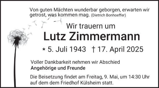 Traueranzeige von Lutz Zimmermann von Fränkische Nachrichten
