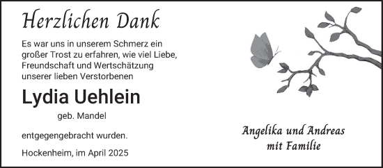Traueranzeige von Lydia Uehlein von Schwetzinger Zeitung